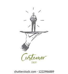 Customer, business, service, help, client concept. Hand drawn customer on a dish concept sketch. Isolated vector illustration.