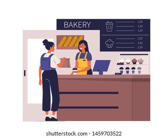 Customer buy coffee and dessert in bakery shop. Can use for backgrounds, infographics, hero images. Flat style modern vector illustration.