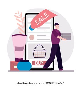 Customer Buy Cosmetic In Online Store. App On Phone Screen For Buying Skin Care Products. Man Chooses And Buys Makeup In The Internet Shop. E-shopping Concept. Cruelty Free. Flat Vector Illustration