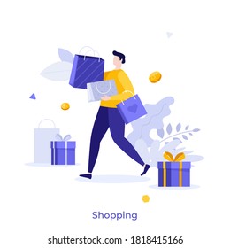 Customer, Buyer Or Shopaholic Carrying Shopper Bags, Gift Boxes, Dollar Coins. Concept Of Shopping, Retail, Sale, Merchandise, Consumerism, Black Friday. Modern Flat Vector Illustration For Banner.