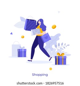 Customer, Buyer Or Shopaholic Carrying Shopper Bags, Gift Boxes, Dollar Coins. Concept Of Shopping, Retail, Sale, Merchandise, Consumerism, Black Friday. Modern Flat Vector Illustration For Banner.