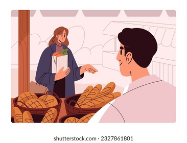 Customer buying bakery, fresh bread and baguette at bakehouse stall, street kiosk. Woman client buyer and vendor selling baked food, standing behind counter at marketplace. Flat vector illustration