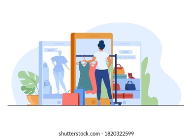 Customer buying cloth on Internet store. Women using gadget for online shopping flat vector illustration. Ecommerce, sale, retail concept for banner, website design or landing web page
