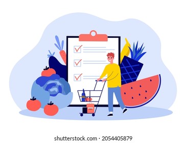 Customer Buying Food Products With Checklist. Tiny Man With Supermarket Trolley Flat Vector Illustration. Shopping List App For Grocery Store Concept For Banner, Website Design Or Landing Web Page