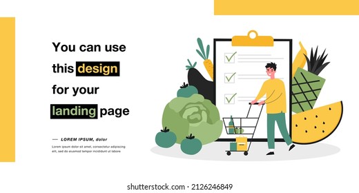 Customer buying food products with checklist. Tiny man with supermarket trolley flat vector illustration. Shopping list app for grocery store concept for banner, website design or landing web page