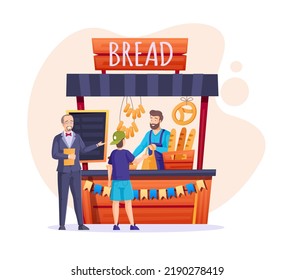 Customer buying freshly baked bread at bakery shop. Male host presenting grand opening event of local market stall, counter. Seller standing at counter selling loaves breads and pastry flat vector