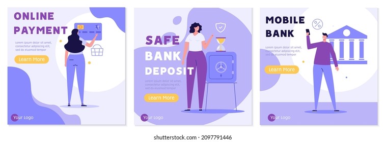 Customer Buying Online With Bank E-card. Client Using Mobile Bank Service. Woman Saving Money In Profitable Deposit. Banners Of Online Payment, Mobile Bank, Safe Bank Deposit. Vector Illustrations