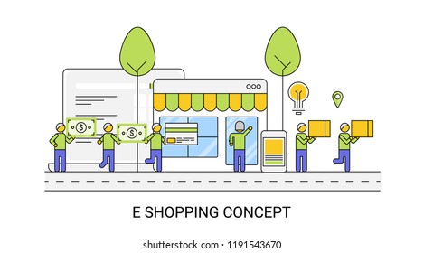 Customer buying online, E-shopping, digital e-commerce marketing flat line illustration