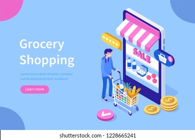 Customer buying in online grocery store.Can use for web banner, infographics, hero images. Flat isometric vector illustration isolated on white background.