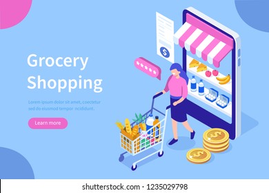 Customer buying in online grocery store.Can use for web banner, infographics, hero images. Flat isometric vector illustration isolated on white background.