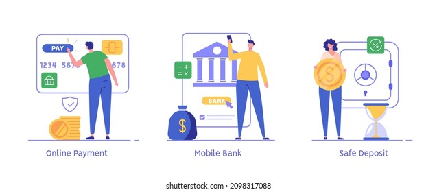 Customer buying online with virtual bank e-card. Client using mobile bank service. Woman saving money in profitable deposit. Set of online payment, mobile bank, safe bank deposit. Vector illustrations - Shutterstock ID 2098317088
