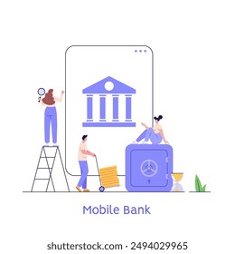 Customer buying online with virtual bank e-card. Client using mobile bank service. Woman saving money in profitable deposit. Set of online payment, mobile bank, safe bank deposit. Vector illustrations