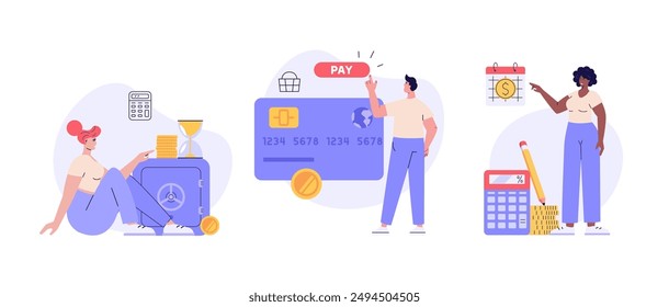 Customer buying online with virtual bank e-card. Client using mobile bank service. Woman saving money in profitable deposit. Set of online payment, mobile bank, safe bank deposit. Vector illustrations