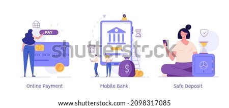 Customer buying online with virtual bank e-card. Client using mobile bank service. Woman saving money in profitable deposit. Set of online payment, mobile bank, safe bank deposit. Vector illustrations