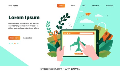 Customer buying plane tickets online. Traveling, screen, flight flat vector illustration. E-commerce and digital technology concept for banner, website design or landing web page