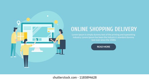 Customer buying product online, E-commerce marketing, online shopping delivery vector concept with icons and characters