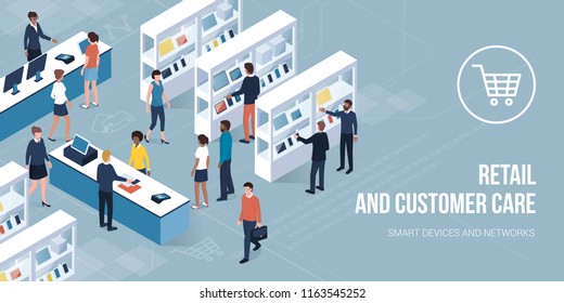 Customer buying products in a contemporary electronics store: retail, shopping and customer care concept