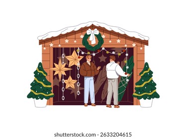 Customer buys Christmas tree in chalet. Buyer takes Xmas fir and ornaments in stall, shop. Vendor sells firtrees, spruces in kiosk at winter funfair. Flat isolated vector illustrations on white