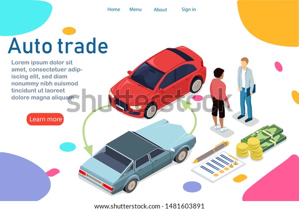 \
The customer buys a new car. Changes your old\
car to a new one with a small extra charge. Business relationship\
between car owner and dealer. Also payment in parts. Vector\
illustration in 3d\
isometry