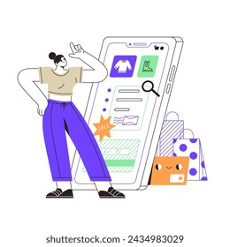 Customer buys on sale at online marketplace. Consumer makes purchases on discounts by smartphone. Web shopping with delivery service. Flat isolated contour vector illustration on white background