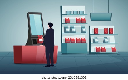 Customer buys and pays at the checkout of a self-service vending machine in a modern supermarket, to avoid waiting in line.