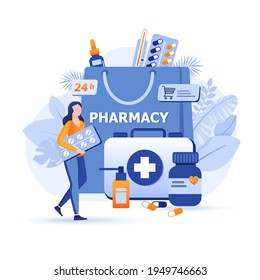 Customer buys pills at online pharmacy scene. Healthcare, doctor prescription, medicaments in drugstore, pharmaceutical consultation concept. Vector illustration of people characters in flat design