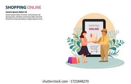 A customer buys a product via mobile phone and is receiving a package from the courier.Delivery parcel for Shopping Online.