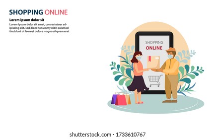 A customer buys a product via mobile phone and is receiving a package from the courier.Delivery parcel for Shopping Online.Both of them wear to protect against the Corona virus or covid-19.