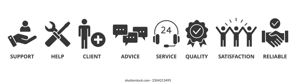 Customer care banner web icon vector illustration concept for customer support and telemarketing service with an icon of help, client, advice, chat, service, reliability, quality, and satisfaction