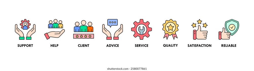 Customer care banner web icon vector illustration concept for customer support and telemarketing service with an icon of help, client, advice, chat, service, reliability, quality, and satisfaction