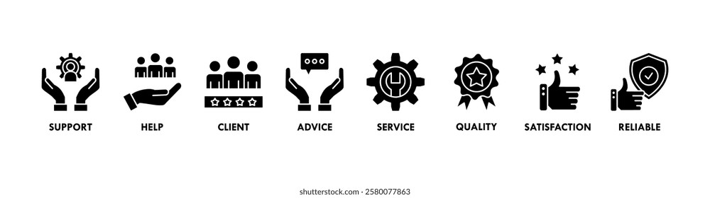 Customer care banner web icon vector illustration concept for customer support and telemarketing service with an icon of help, client, advice, chat, service, reliability, quality, and satisfaction