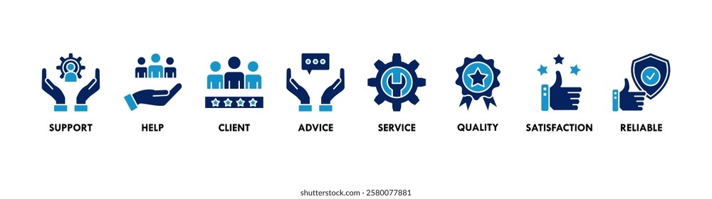 Customer care banner web icon vector illustration concept for customer support and telemarketing service with an icon of help, client, advice, chat, service, reliability, quality, and satisfaction
