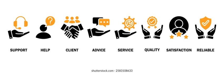Customer care banner web icon vector illustration concept for customer support and telemarketing service with an icon of help, client, advice, chat, service, reliability, quality, and satisfaction