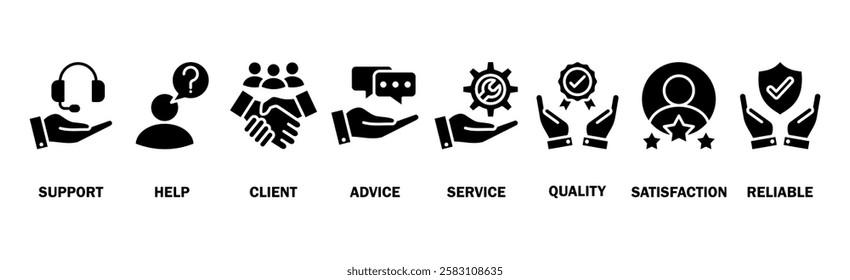 Customer care banner web icon vector illustration concept for customer support and telemarketing service with an icon of help, client, advice, chat, service, reliability, quality, and satisfaction