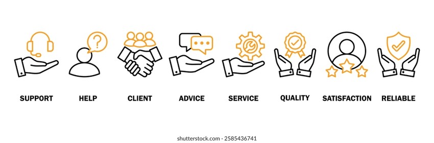 Customer care banner web icon vector illustration concept for customer support and telemarketing service with an icon of help, client, advice, chat, service, reliability, quality, and satisfaction