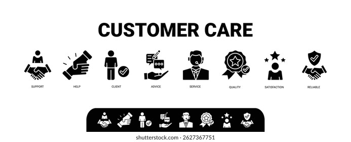 Customer care banner web icon illustration concept for customer support and telemarketing service with an icon of help, client, advice, chat, service, reliability, quality, and satisfaction