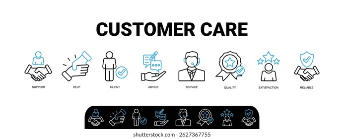 Ilustração do ícone da web da faixa de atendimento ao cliente para suporte ao cliente e serviço de telemarketing com um ícone de ajuda, cliente, conselho, bate-papo, serviço, confiabilidade, qualidade e satisfação