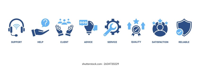 Concepto de Ilustración vectorial de icono de Web de Anuncio de atención al Cliente para el servicio de Asistencia al cliente y telemarketing con un ícono de ayuda, cliente, asesoramiento, chat, servicio, confiabilidad, calidad y satisfacción