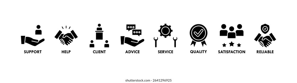 Customer care banner web icon vector illustration concept for customer support and telemarketing service with an icon of help, client, advice, chat, service, reliability, quality, and satisfaction