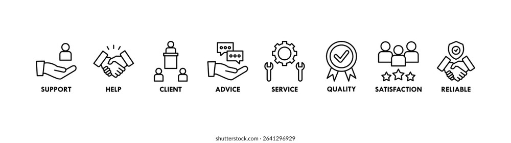 Customer care banner web icon vector illustration concept for customer support and telemarketing service with an icon of help, client, advice, chat, service, reliability, quality, and satisfaction