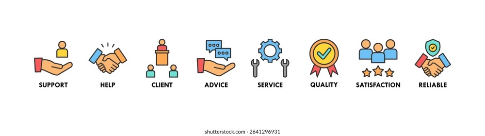 Customer care banner web icon vector illustration concept for customer support and telemarketing service with an icon of help, client, advice, chat, service, reliability, quality, and satisfaction