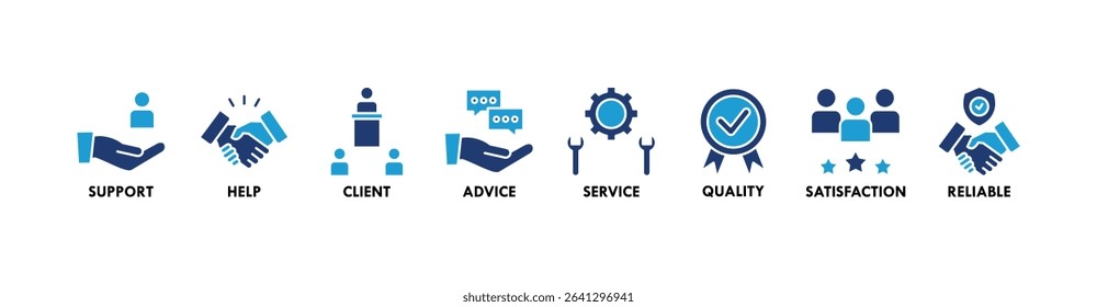 Customer care banner web icon vector illustration concept for customer support and telemarketing service with an icon of help, client, advice, chat, service, reliability, quality, and satisfaction