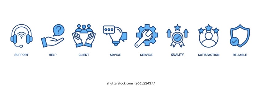 Concepto de Ilustración vectorial de icono de Web de Anuncio de atención al Cliente para el servicio de Asistencia al cliente y telemarketing con un ícono de ayuda, cliente, asesoramiento, chat, servicio, confiabilidad, calidad y satisfacción