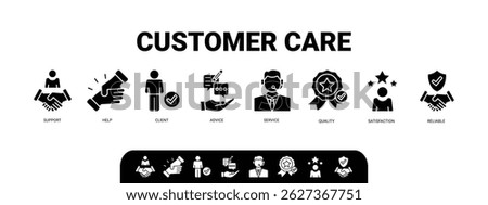 Customer care banner web icon illustration concept for customer support and telemarketing service with an icon of help, client, advice, chat, service, reliability, quality, and satisfaction