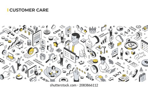 Customer care. The concept of the efforts that a business makes in order to satisfy its customers and create an emotional connection with them. Isometric illustration with various small details