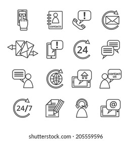 Customer care contacts in line style icons set of online and offline support services isolated vector illustration