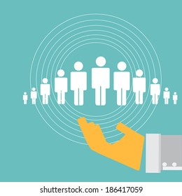 Customer care, care for employees, labor union, CRM, and life insurance concepts. Businessman holding manpower in corporate cloud concept