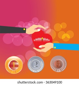 Customer care, care for employees, labor union, CRM, and life insurance concepts. Businessman holding manpower in corporate cloud concept and Gold silver and bronze medals for 1st , 2nd and 3rd