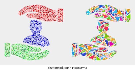 Customer care hands collage icon of triangle elements which have variable sizes and shapes and colors. Geometric abstract vector illustration of customer care hands.