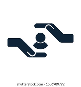 Customer care icon. Hands with customer inside. User technical support symbol. Client protection sign. User support department unit icon. Vector illustration